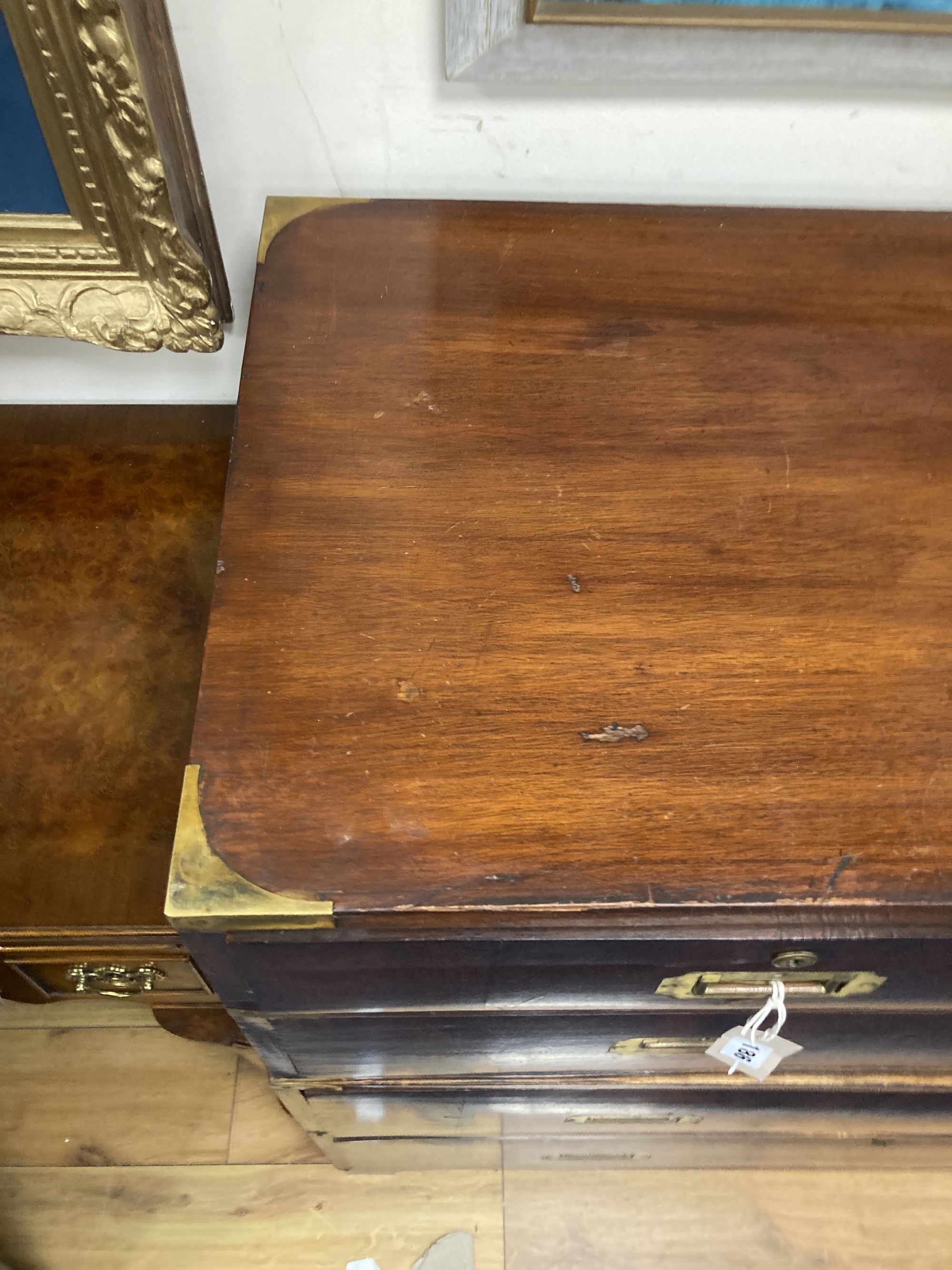 A Victorian style mahogany two part military chest, width 108cm, depth 47cm, height 100cm
